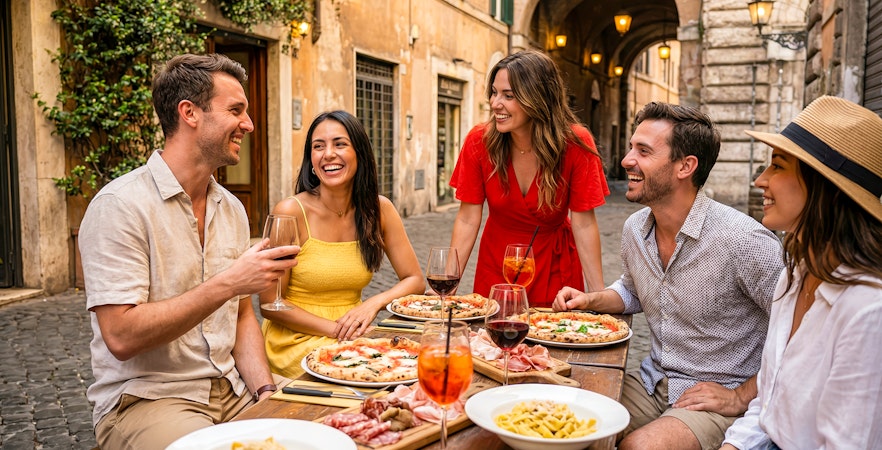 Tourists enjoying pizza, pasta, and drinks on a food tour in Rome.