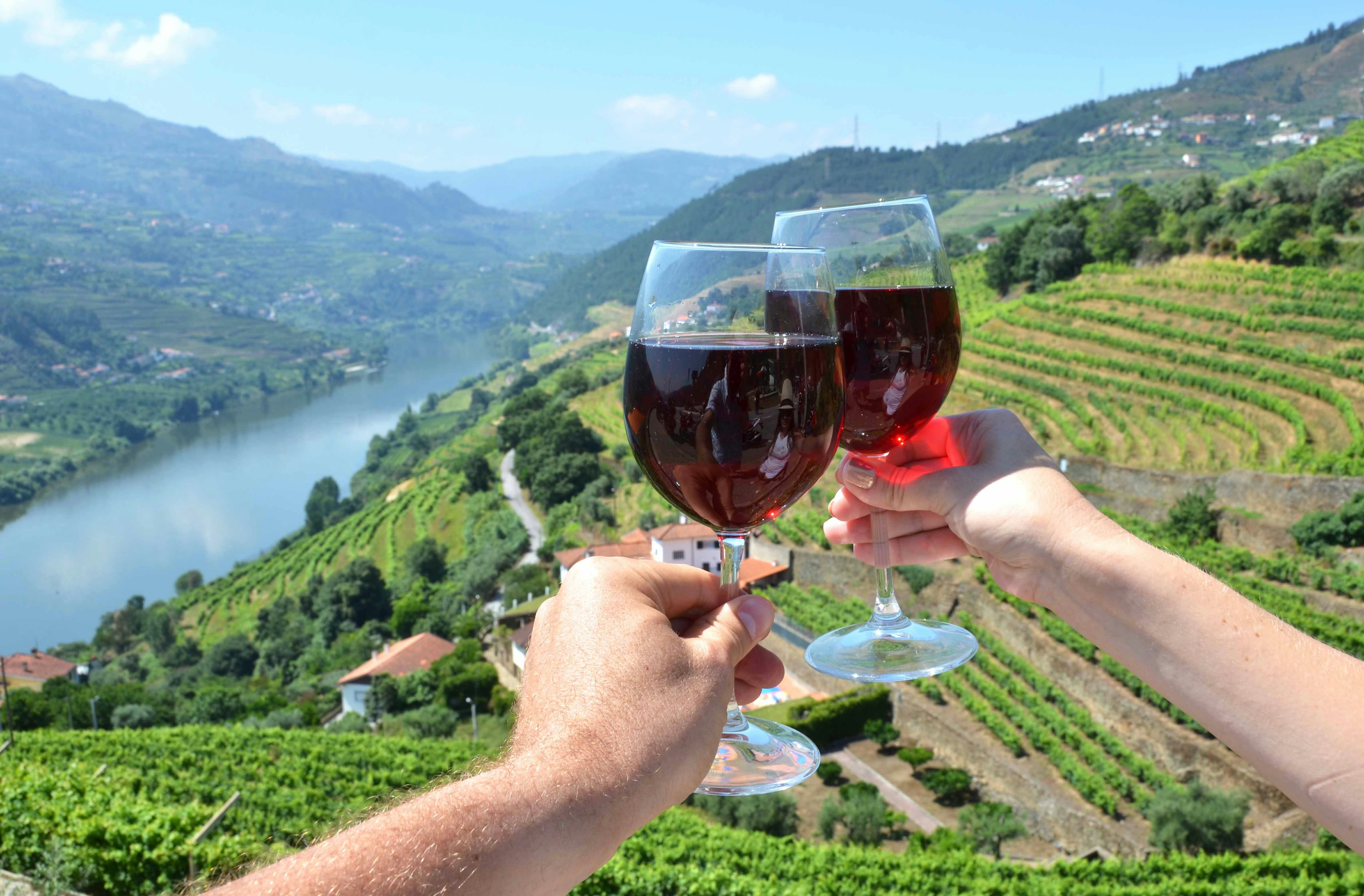 Toasting with red wine over Douro Valley vineyards and river, Portugal.