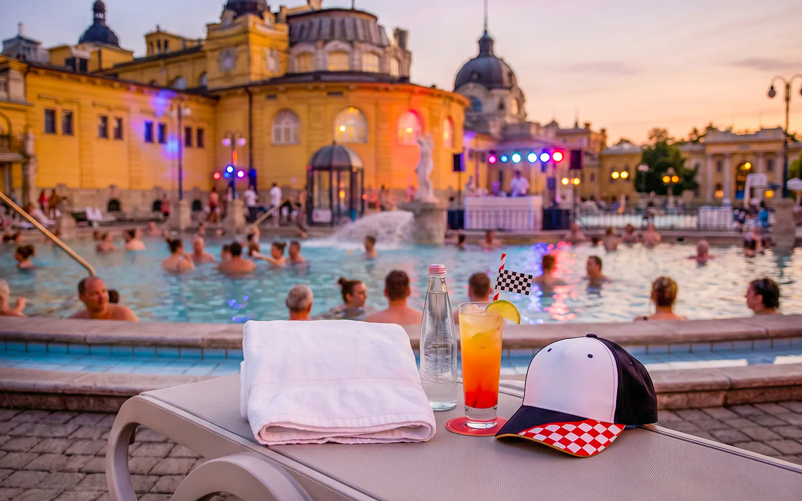 Széchenyi Thermal Bath poolside with drinks and racing cap, Budapest, Hungarian Grand Prix Edition.