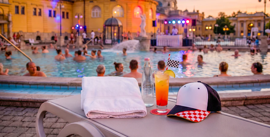 Széchenyi Thermal Bath poolside with drinks and racing cap, Budapest, Hungarian Grand Prix Edition.