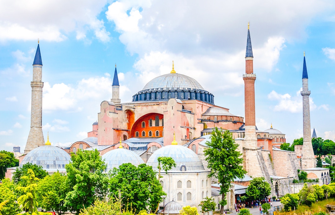 Hagia Sophia exterior with minarets and domes, Istanbul, Turkey.