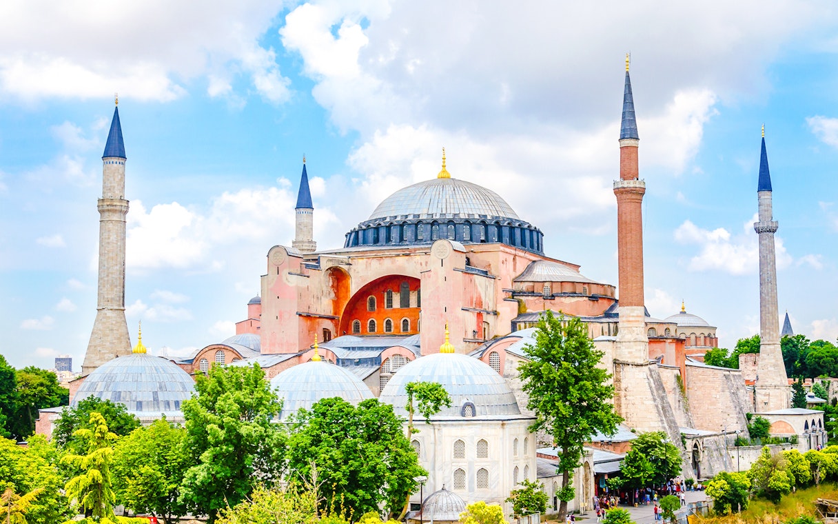 Hagia Sophia exterior with minarets and domes, Istanbul, Turkey.