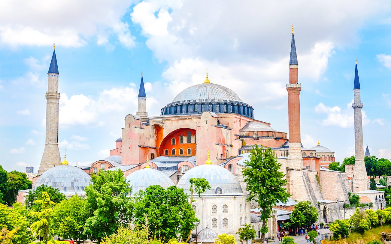 Hagia Sophia exterior with minarets and domes, Istanbul, Turkey.