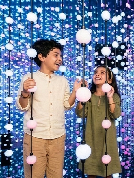 Kids enjoying interactive light display at Dopamine Land, Dubai.