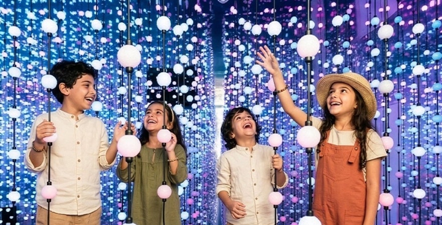 Kids enjoying interactive light display at Dopamine Land, Dubai.