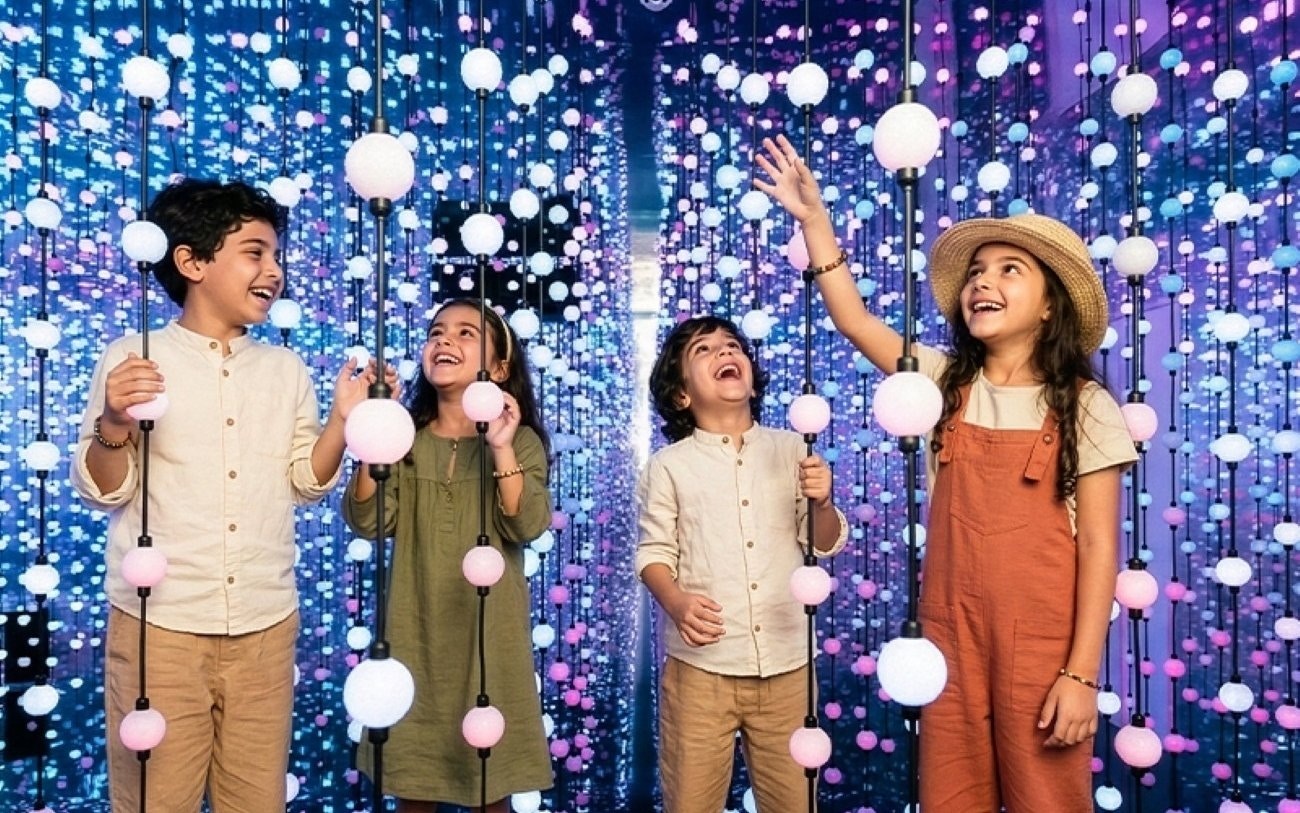 Kids enjoying interactive light display at Dopamine Land, Dubai.