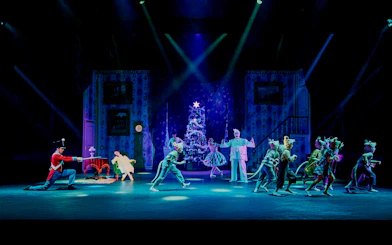 Nutcracker performance with dancers and Christmas tree at Tivoli Gardens.
