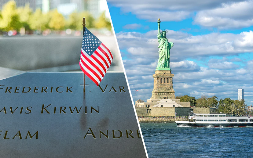 #9/11 Memorial with American flag and Statue of Liberty in New York City.