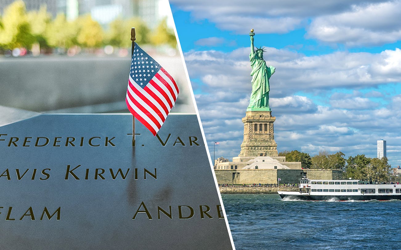 9/11 Memorial with American flag and Statue of Liberty in New York City.