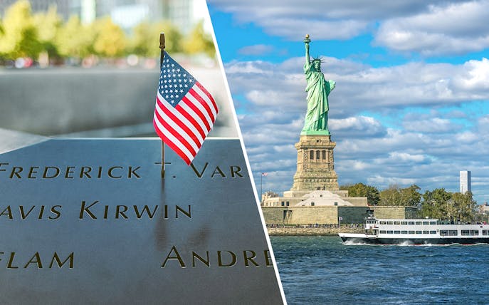 9/11 Memorial with American flag and Statue of Liberty in New York City.