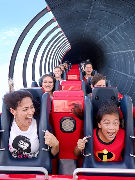 Riders enjoying the Incredicoaster at Disneyland Adventure Park, California.