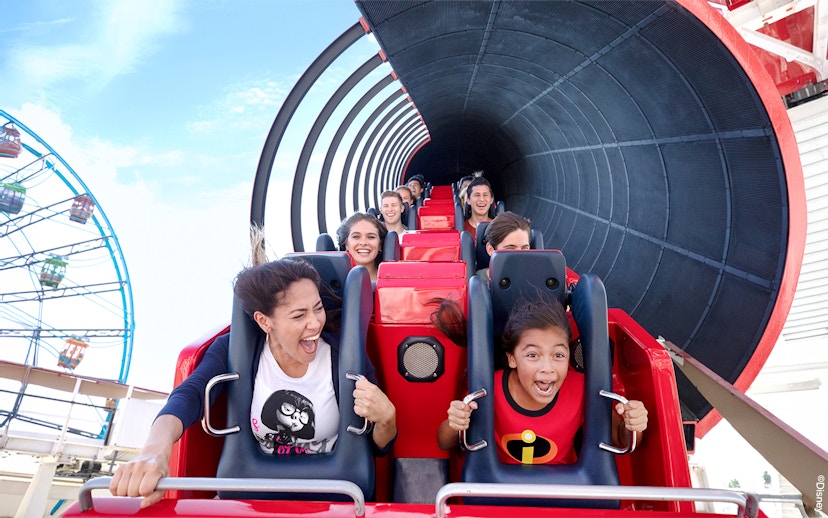 Riders enjoying the Incredicoaster at Disneyland Adventure Park, California.