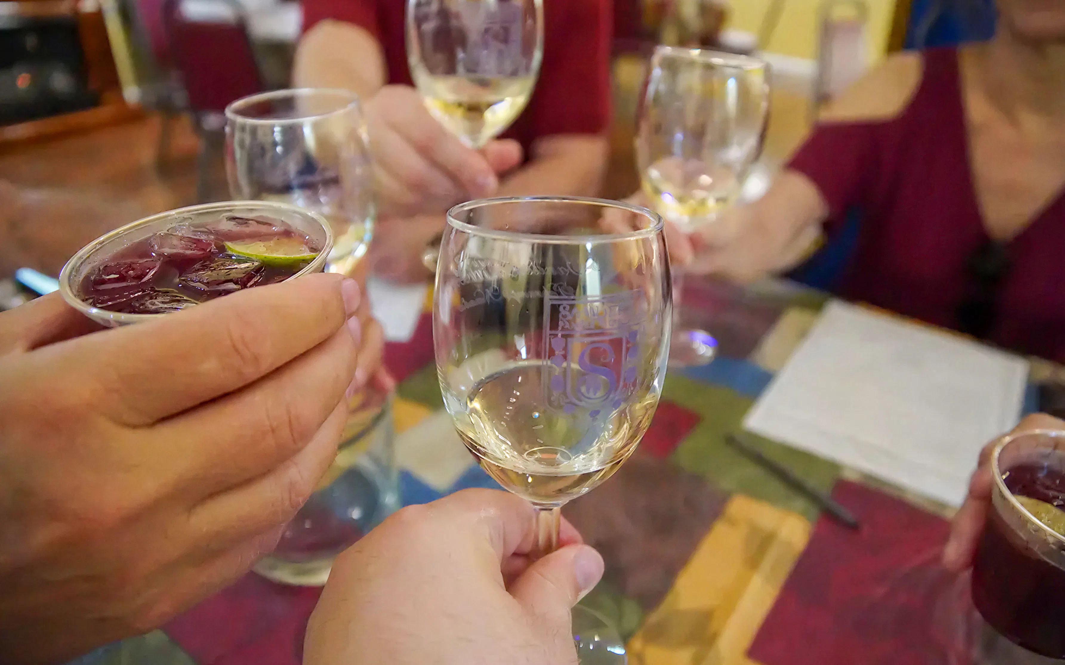 Wine glasses toasting at a Nevada winery tour.