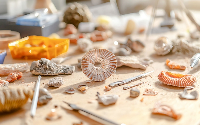 Fossils and tools on a workshop table for a fossilist tour.