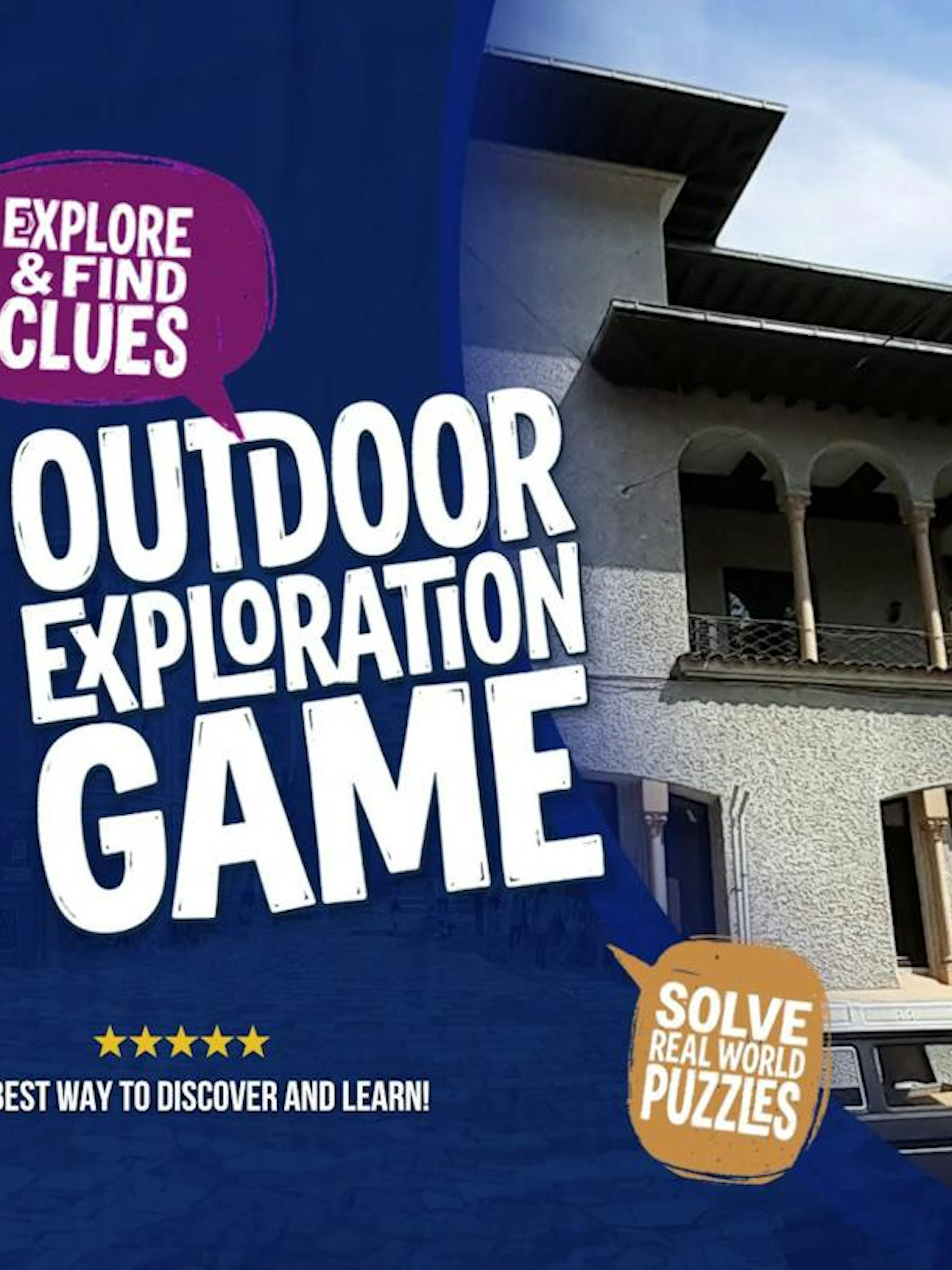 Outdoor exploration game poster with a historic building in Carol Park, Bucharest.