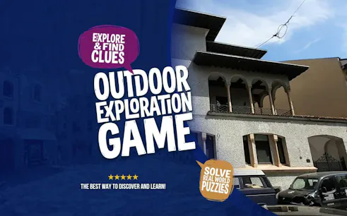 Outdoor exploration game poster with a historic building in Carol Park, Bucharest.