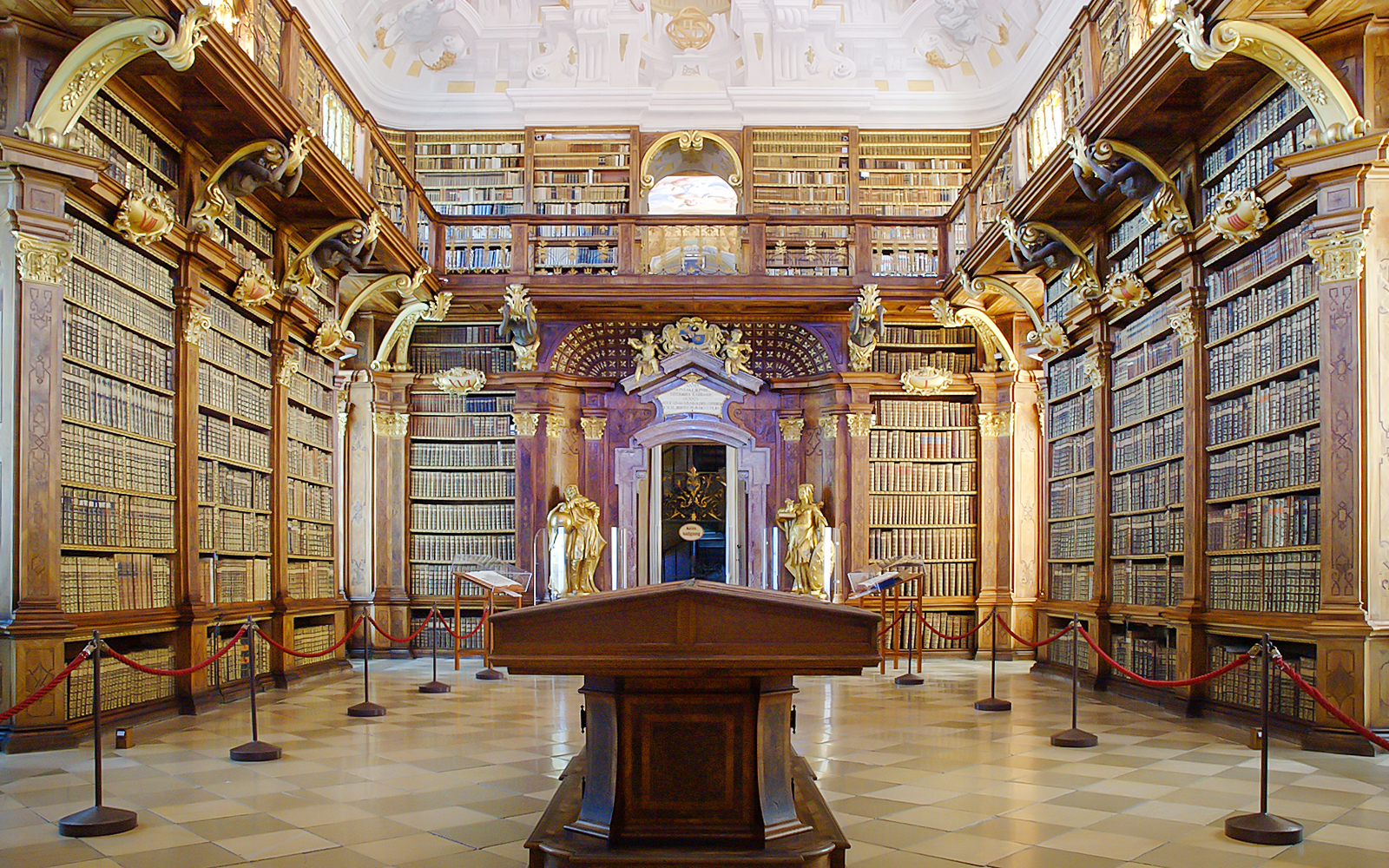 Melk Abbey library interior with ornate bookshelves, part of Wachau Day Trip.