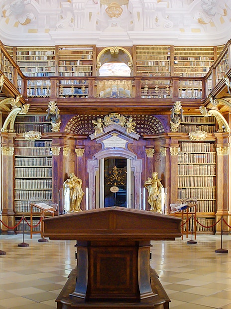 Melk Abbey library interior with ornate bookshelves, part of Wachau Day Trip.