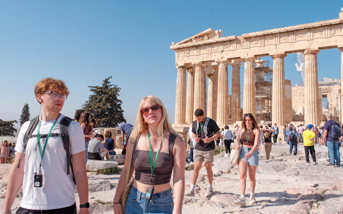 Visitors exploring the Parthenon during a private guided tour in Athens, Greece.