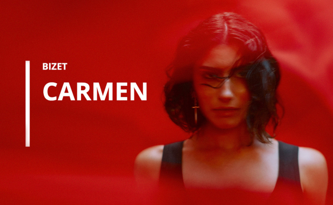 Bizet's Carmen opera promotional image with a woman in a red background.