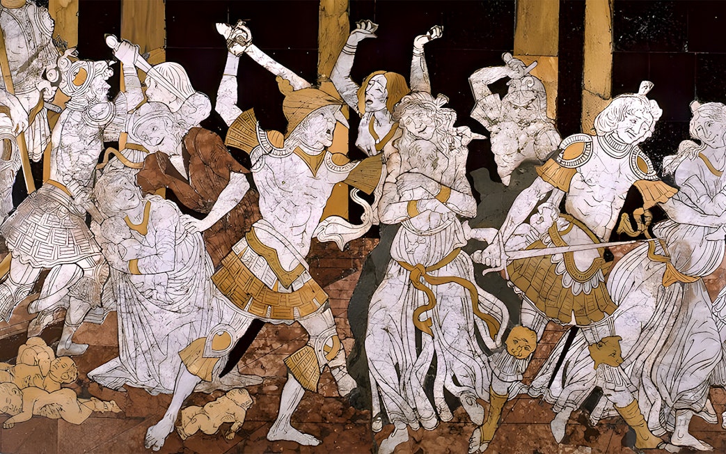 Marble mosaic depicting historical scene in Siena Duomo, Italy.