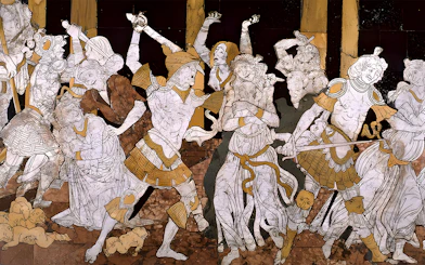 Marble mosaic depicting historical scene in Siena Duomo, Italy.