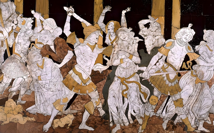 Marble mosaic depicting historical scene in Siena Duomo, Italy.