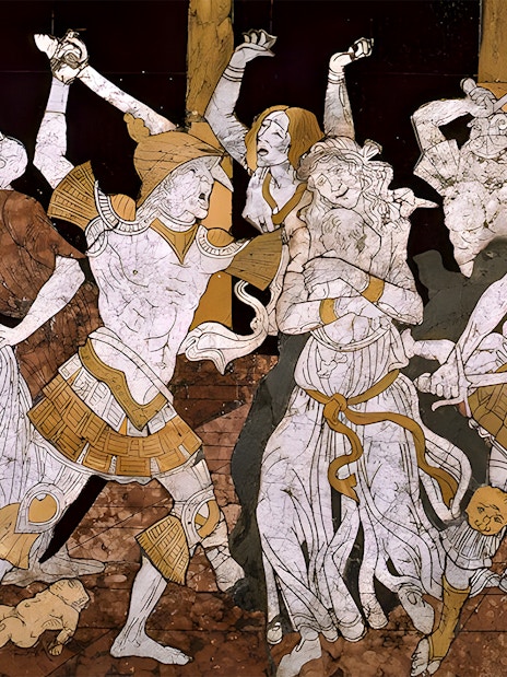 Marble mosaic depicting historical scene in Siena Duomo, Italy.