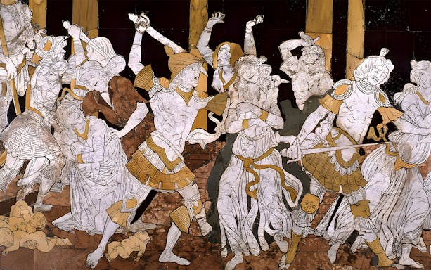 Marble mosaic depicting historical scene in Siena Duomo, Italy.