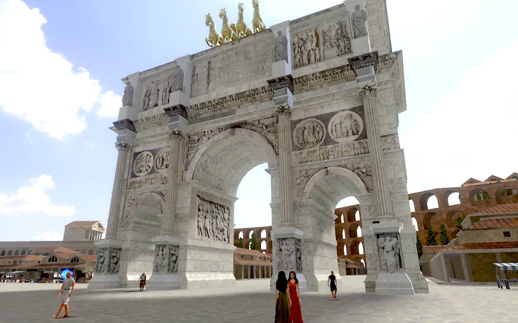 Colosseum entrance with tourists, featuring the Arch of Constantine in Rome.