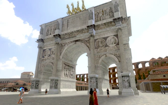 Colosseum entrance with tourists, featuring the Arch of Constantine in Rome.