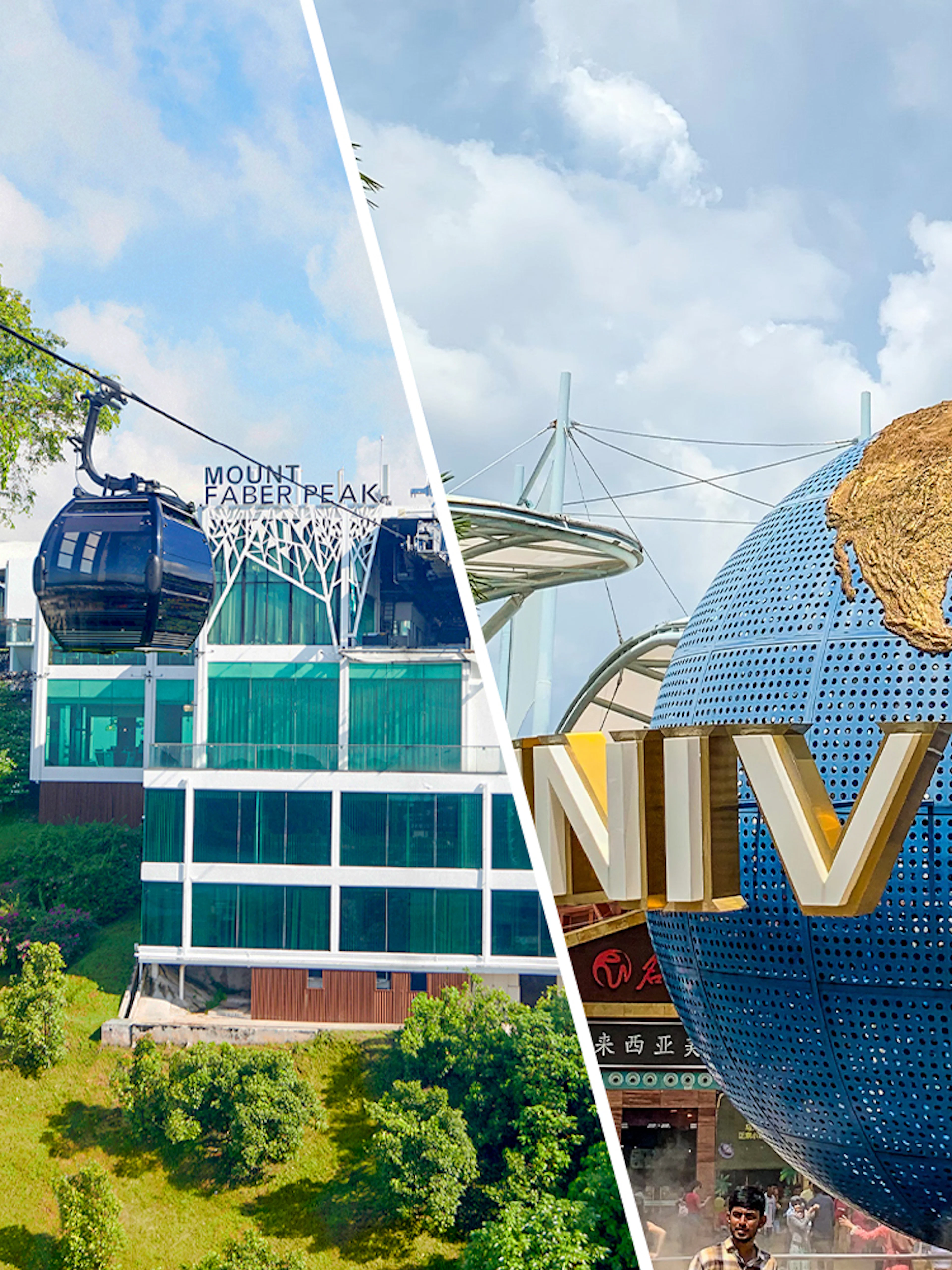 Singapore Cable Car at Mount Faber Peak and Universal Studios globe.