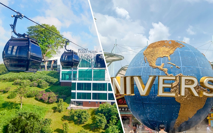 Singapore Cable Car at Mount Faber Peak and Universal Studios globe.