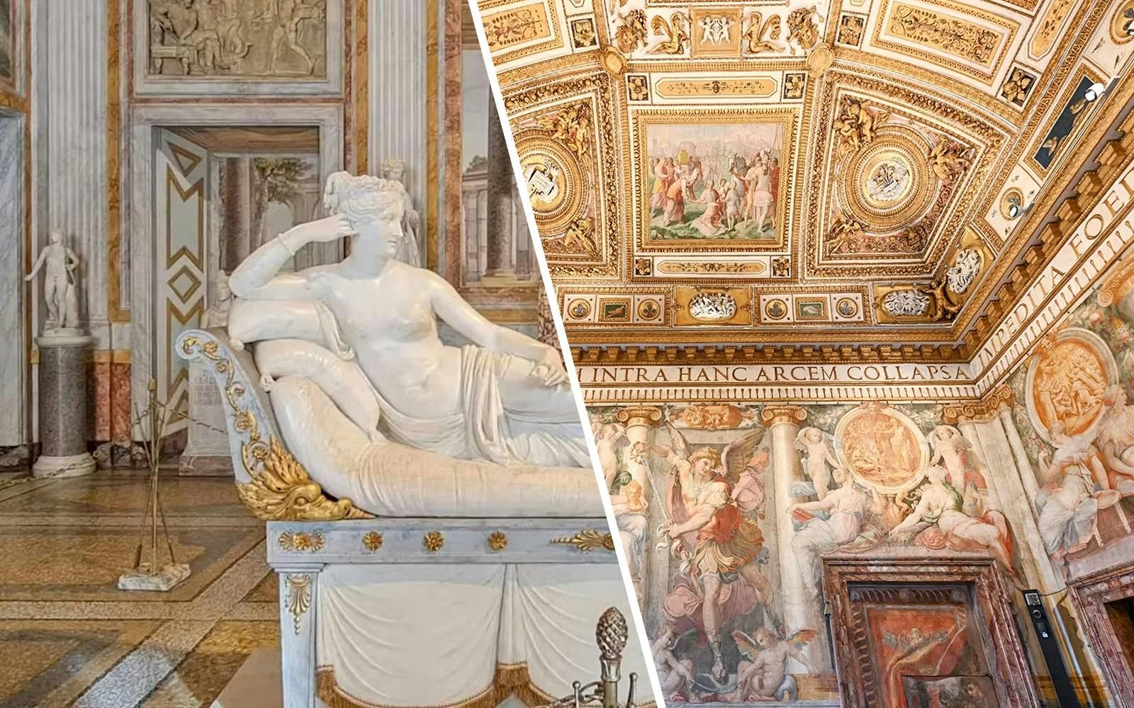 Borghese Gallery sculpture and frescoed ceiling, Rome, Italy.