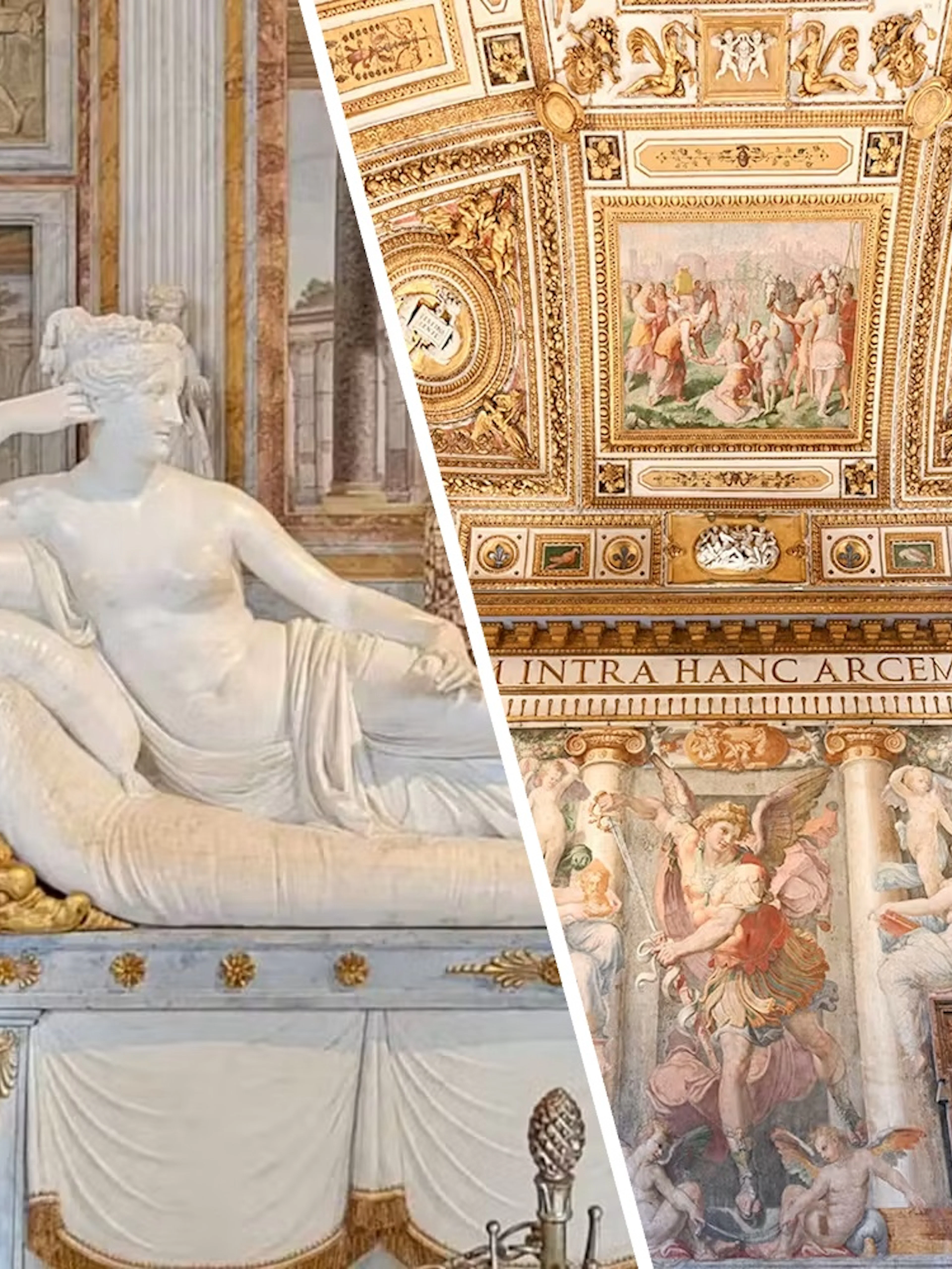 Borghese Gallery sculpture and frescoed ceiling, Rome, Italy.