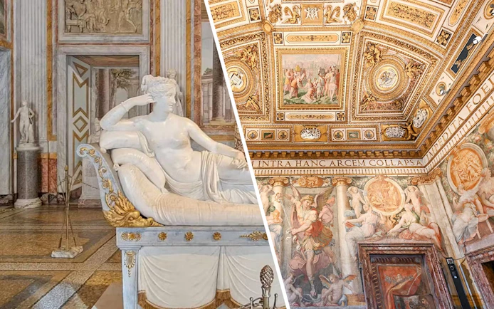 Borghese Gallery sculpture and frescoed ceiling, Rome, Italy.