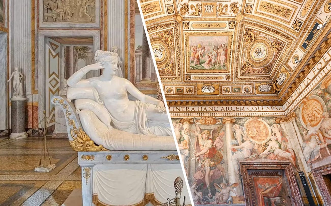 Borghese Gallery sculpture and frescoed ceiling, Rome, Italy.