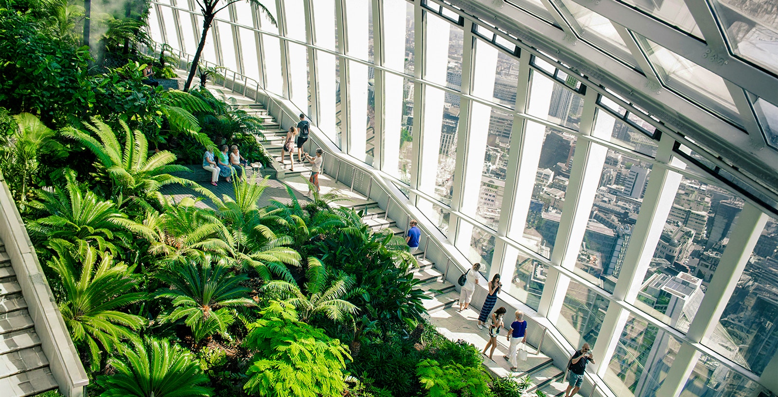 Sky Garden London interior with lush greenery and city views through large windows.