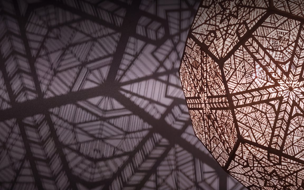 Intricate geometric patterns casting shadows in Kuala Lumpur exhibit.