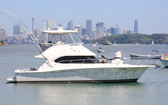 Cruise boat on Sydney Harbour with city skyline in the background.