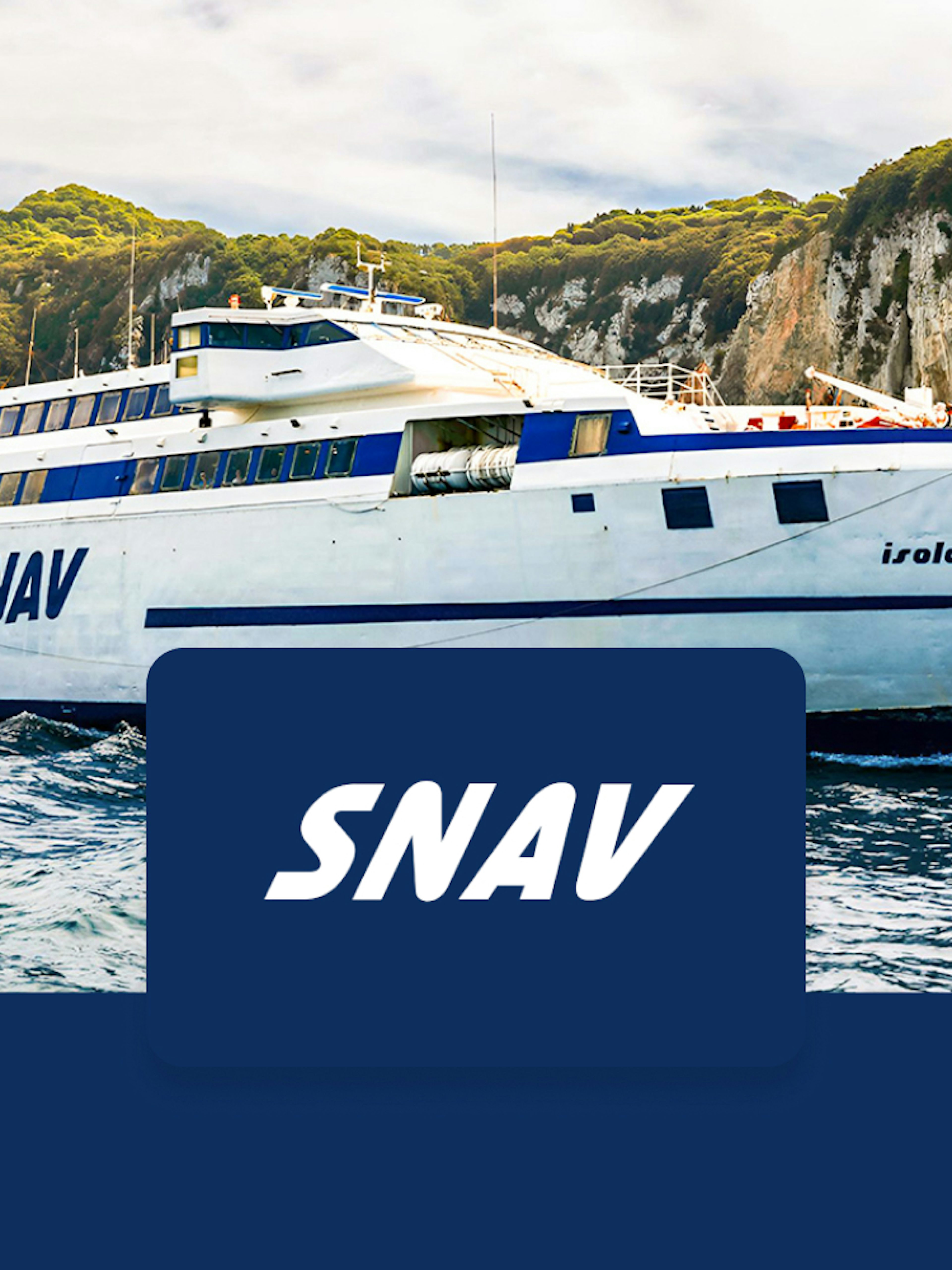 SNAV ferry near Capri cliffs, offering round-trip transfers from Naples Beverello.