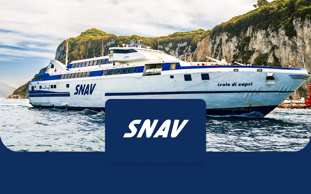 SNAV ferry near Capri cliffs, offering round-trip transfers from Naples Beverello.