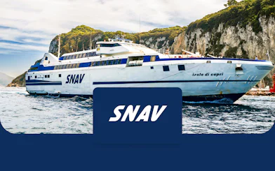 SNAV ferry near Capri cliffs, offering round-trip transfers from Naples Beverello.