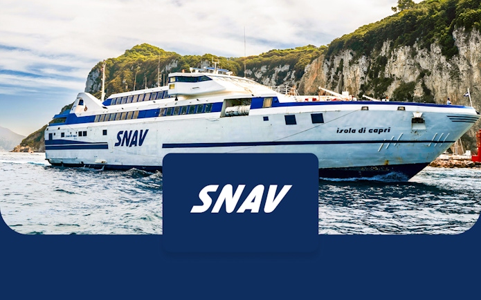 SNAV ferry near Capri cliffs, offering round-trip transfers from Naples Beverello.
