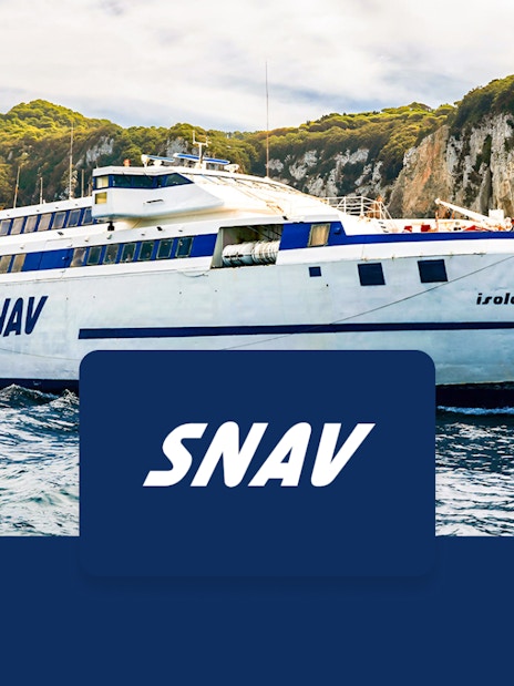 SNAV ferry near Capri cliffs, offering round-trip transfers from Naples Beverello.