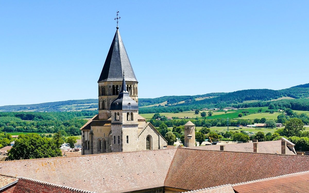 Cluny Abbey tower with scenic countryside in Lyon, France.