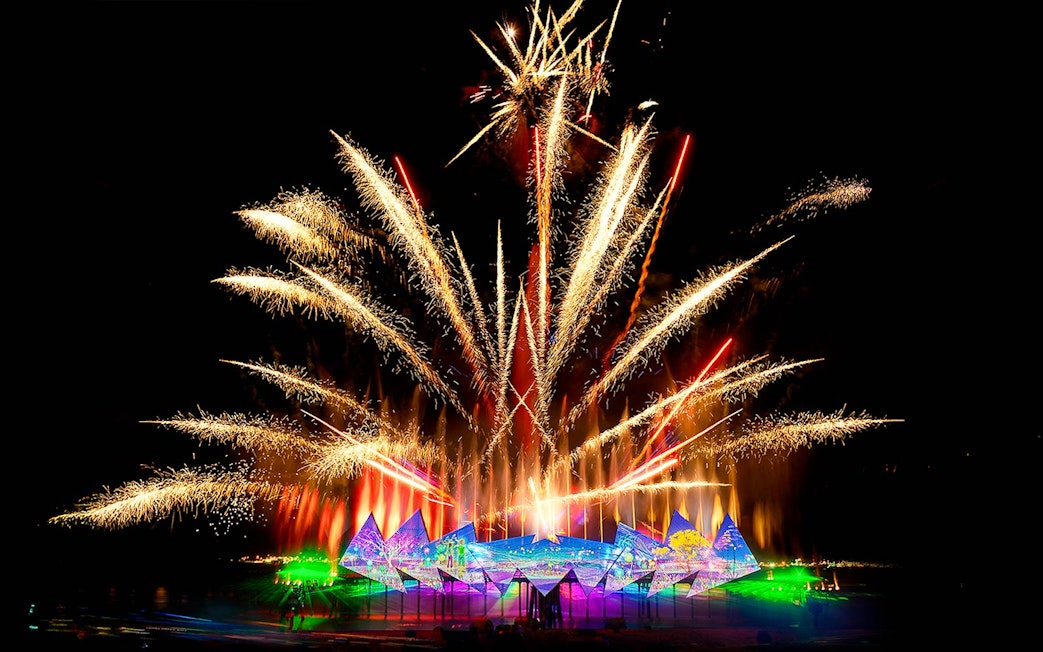 Fireworks display at Wings of Time exhibition, Sentosa Island, at night.