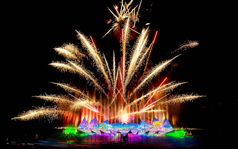 Fireworks display at Wings of Time exhibition, Sentosa Island, at night.
