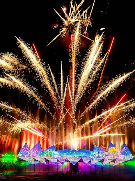 Fireworks display at Wings of Time exhibition, Sentosa Island, at night.