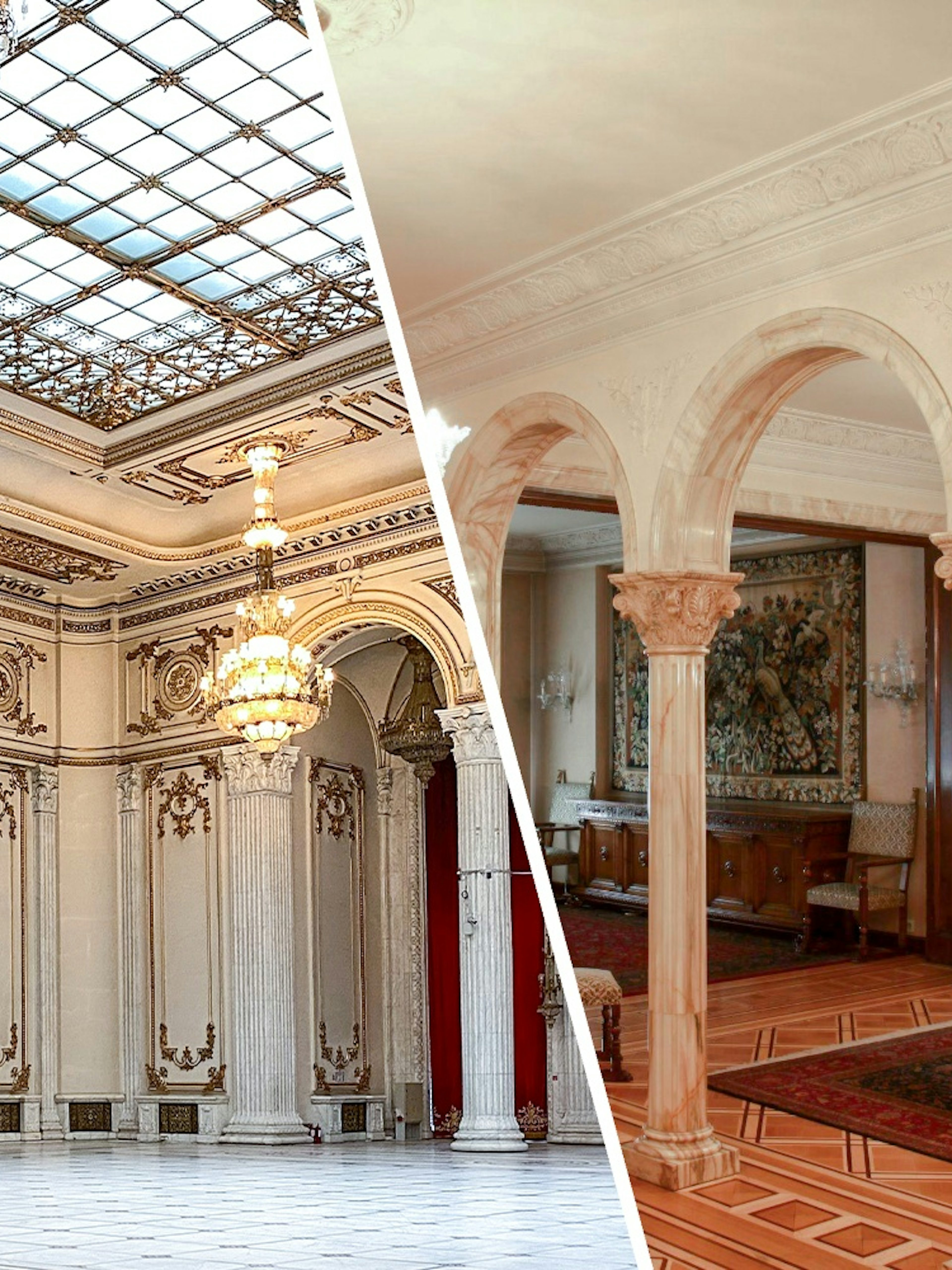 Ceausescu Mansion interior with ornate columns and chandeliers, Bucharest.